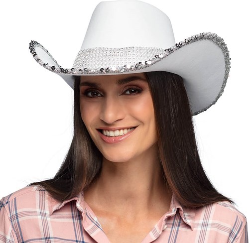 Cowboyhoed Pailletten en Strass Wit (voorbeeld)