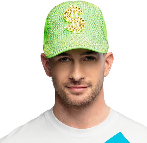 Pet Met Strass En Dollar Teken Neon Groen