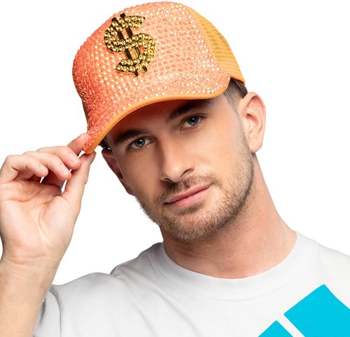 Pet Met Strass En Dollar Teken Neon Oranje