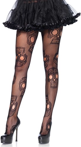 Netpanty Sugar Skull Zwart - Day of the Dead