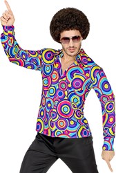 Heren Disco Blouse Seventies Groovy Cirkels Blauw