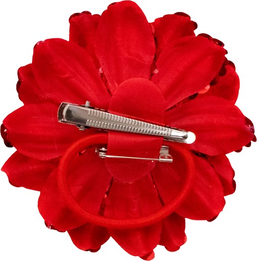 Bloemenbroche+Elastiek Pailletten Rood (achterkant)