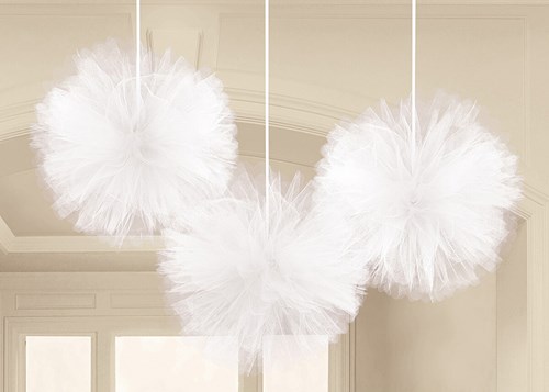 Set Fluffy Tule Decoratie Bol Wit 3st - 30,4cm