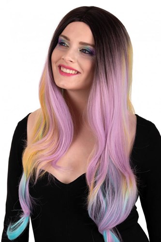 Pruik Selena Lang Krullen Pastel Regenboog 