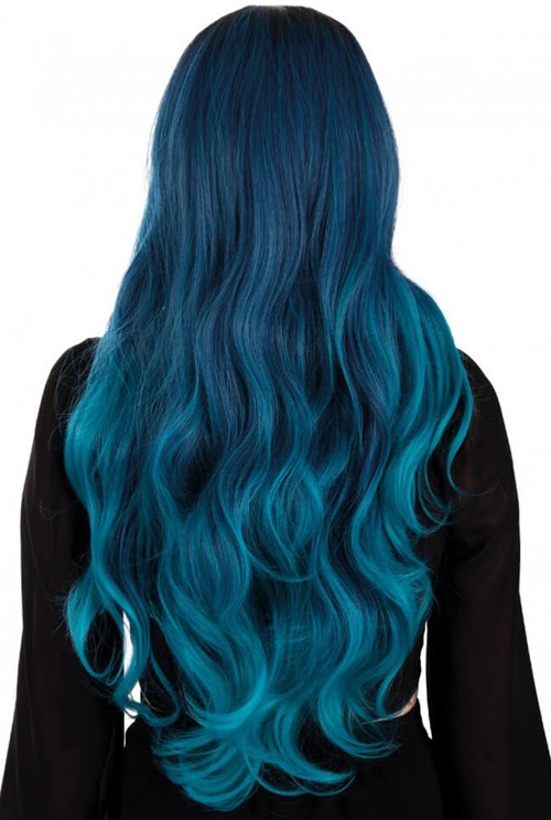 Pruik Selena Lang Krullen Zwart-Petrol-Blauw (achterkant)