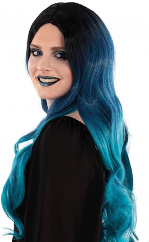 Pruik Selena Lang Krullen Zwart-Petrol-Blauw