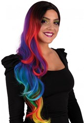 Pruik Selena Lang Krullen Regenboog 