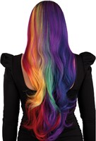 Pruik Selena Lang Krullen Regenboog Two Sides (achterkant)