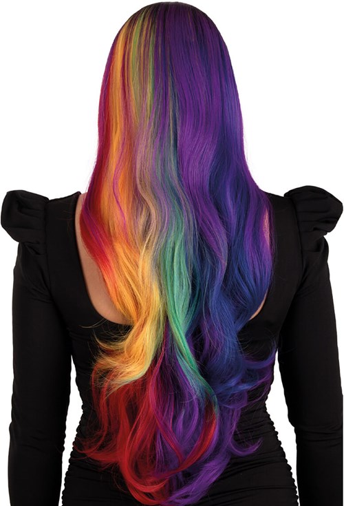 Pruik Selena Lang Krullen Regenboog Two Sides (achterkant)