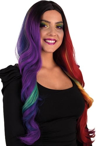 Pruik Selena Lang Krullen Regenboog Two Sides