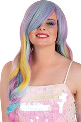 Pruik Selena Lang Krullen Pastel Regenboog Met Pony