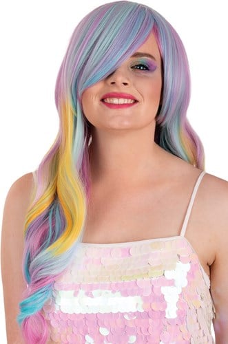 Pruik Selena Lang Krullen Pastel Regenboog Met Pony