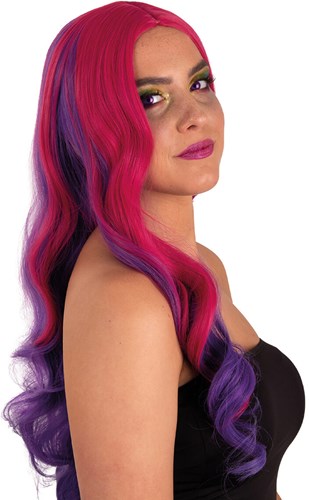 Pruik Selena Lang Krullen Pink/Paars