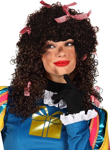 Pieten Pruik Pepita Bruin Wetlook met Roze Strikjes