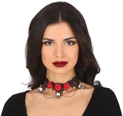 Halsband / Choker Zwart met Rozen en Skulls