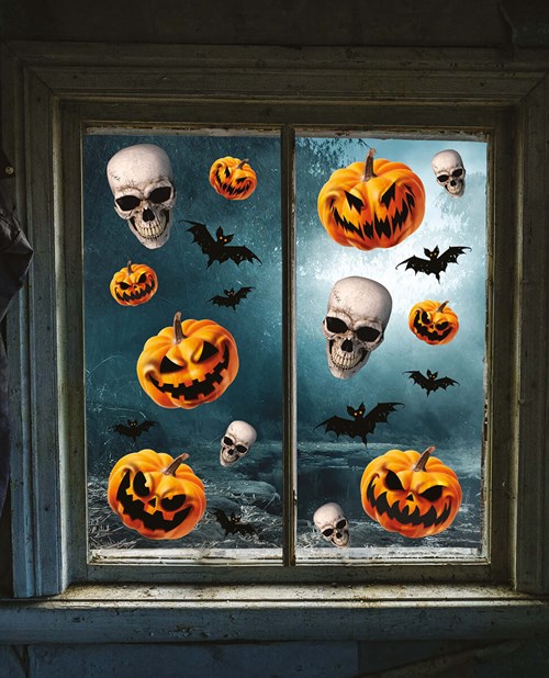 Halloween Raamstickers Pompoenen en Skulls - 30x40cm (voorbeeld)