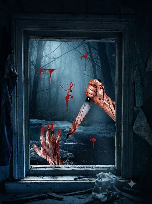 Halloween Raamstickers Mes Met Bloed - 35x25cm