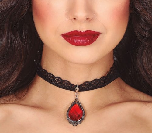 Halsband / Choker Kant Zwart met Rode Robijn
