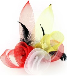Broche Tule Bloemen met Veertjes Rood-Wit-Geel