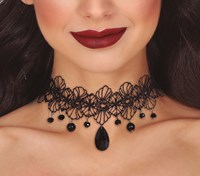 Halsband / Choker Kant Zwart met Zwarte Edelstenen