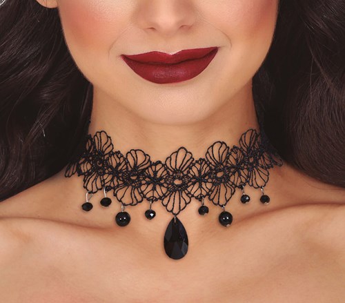 Halsband / Choker Kant Zwart met Zwarte Edelstenen