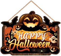 Houten Bord Happy Halloween Pompoen - 35x20cm