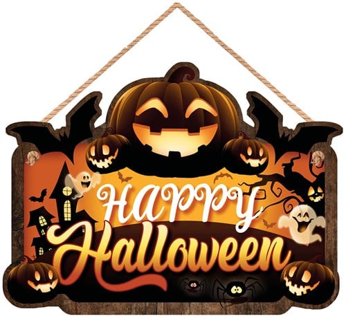 Houten Bord Happy Halloween Pompoen - 35x20cm