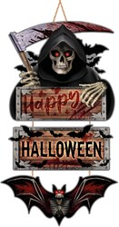 Houten Bord Happy Halloween Grim Reaper - 64x35cm