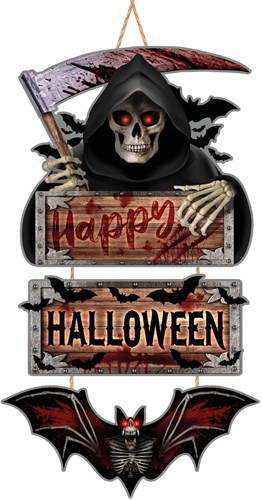 Houten Bord Happy Halloween Grim Reaper - 64x35cm