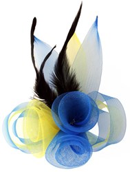 Broche Tule Bloemen met Veertjes Blauw-Geel