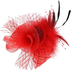 Broche Tule Bloem met Veren Rood (15cm)
