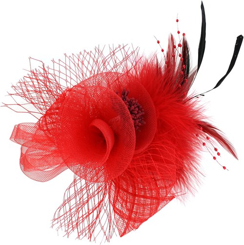 Broche Tule Bloem met Veren Rood (15cm)