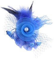Broche Tule Bloem met Veren en Parel Blauw