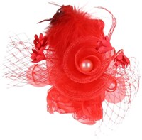 Broche Tule Bloem met Veren en Parel Rood