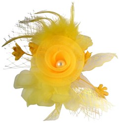 Broche Tule Bloem met Veren en Parel Geel