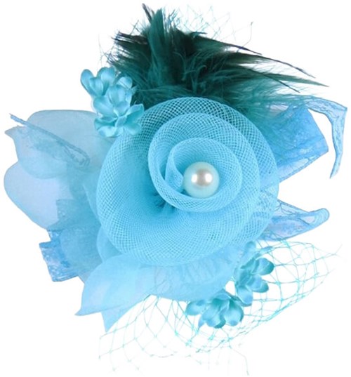 Broche Tule Bloem met Veren en Parel Turquoise