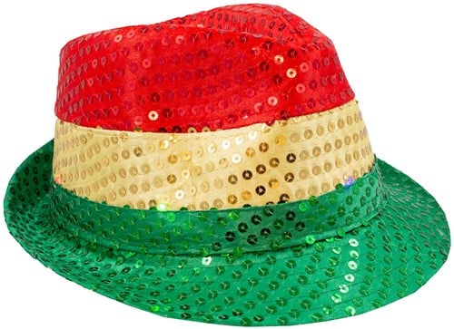 Hoed Pailletten Rood-Geel-Groen met Licht