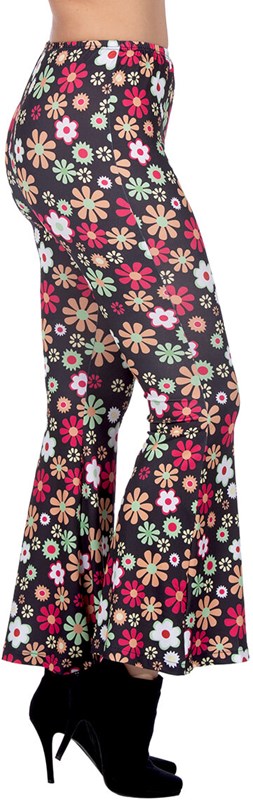 Dames Hippie Broek Zwart Flower Power (zijkant)