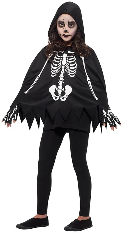 Kinder Poncho Skelet met Capuchon en Handschoenen