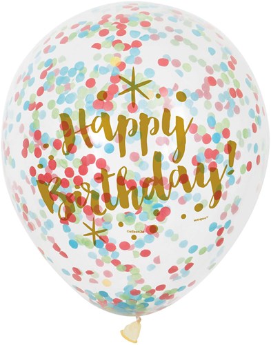 Party Ballonnen Happy Birthday met Confetti 6st.