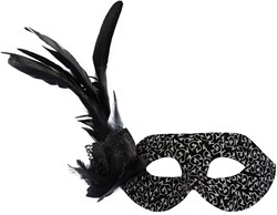 Venetiaans Oogmasker Zilver-Zwart met Bloem en Veren