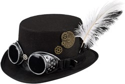 Dameshoed Steampunk Zwart met Bril en Veren 