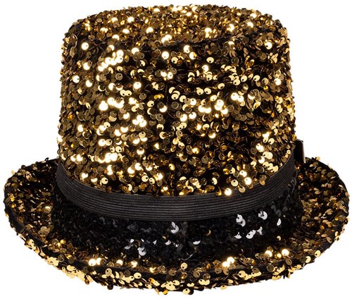 Hoge Hoed Burningman Pailletten Goud-Zwart met Bril (product achterkant)