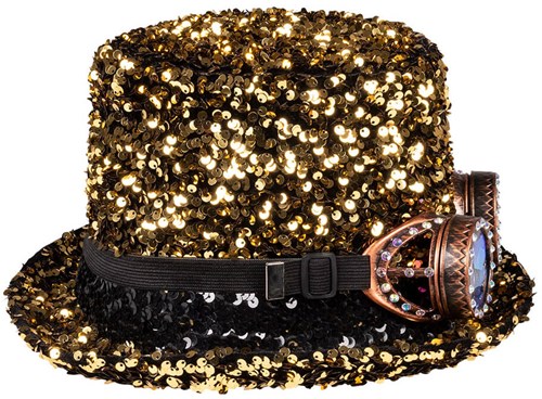 Hoge Hoed Burningman Pailletten Goud-Zwart met Bril (product zijkant)