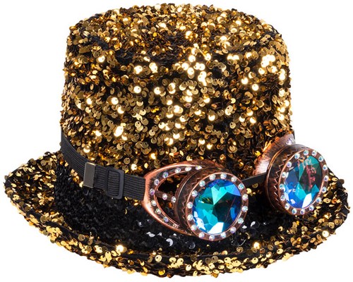 Hoge Hoed Burningman Pailletten Goud-Zwart met Bril (product)