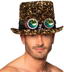 Hoge Hoed Burningman Pailletten Goud-Zwart met Bril
