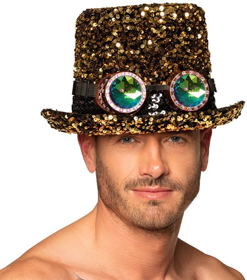 Hoge Hoed Burningman Pailletten Goud-Zwart met Bril
