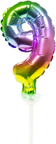 Taart Topper Folieballon Cijfer 9 Regenboog 13cm