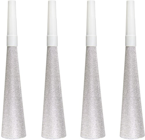 Feesttoeters Glitter Zilver 19cm (4st.)