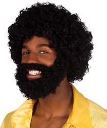 Afro Pruik Rufus Zwart met baard en snor